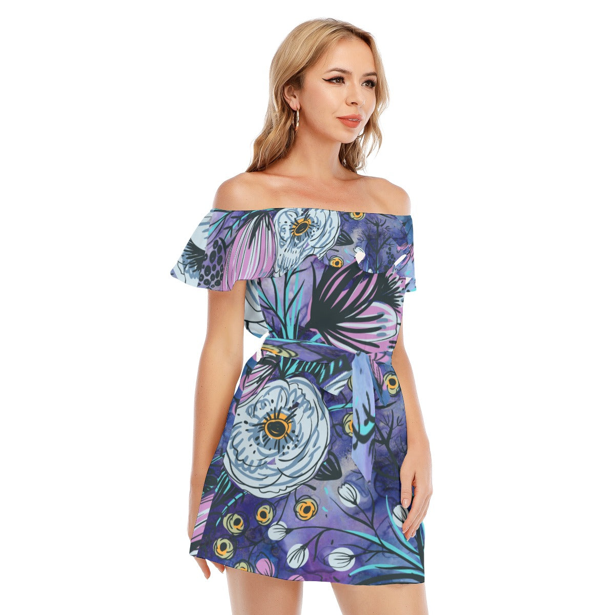 Purple floral All-Over Print Women's Off-shoulder Dress With Ruffle