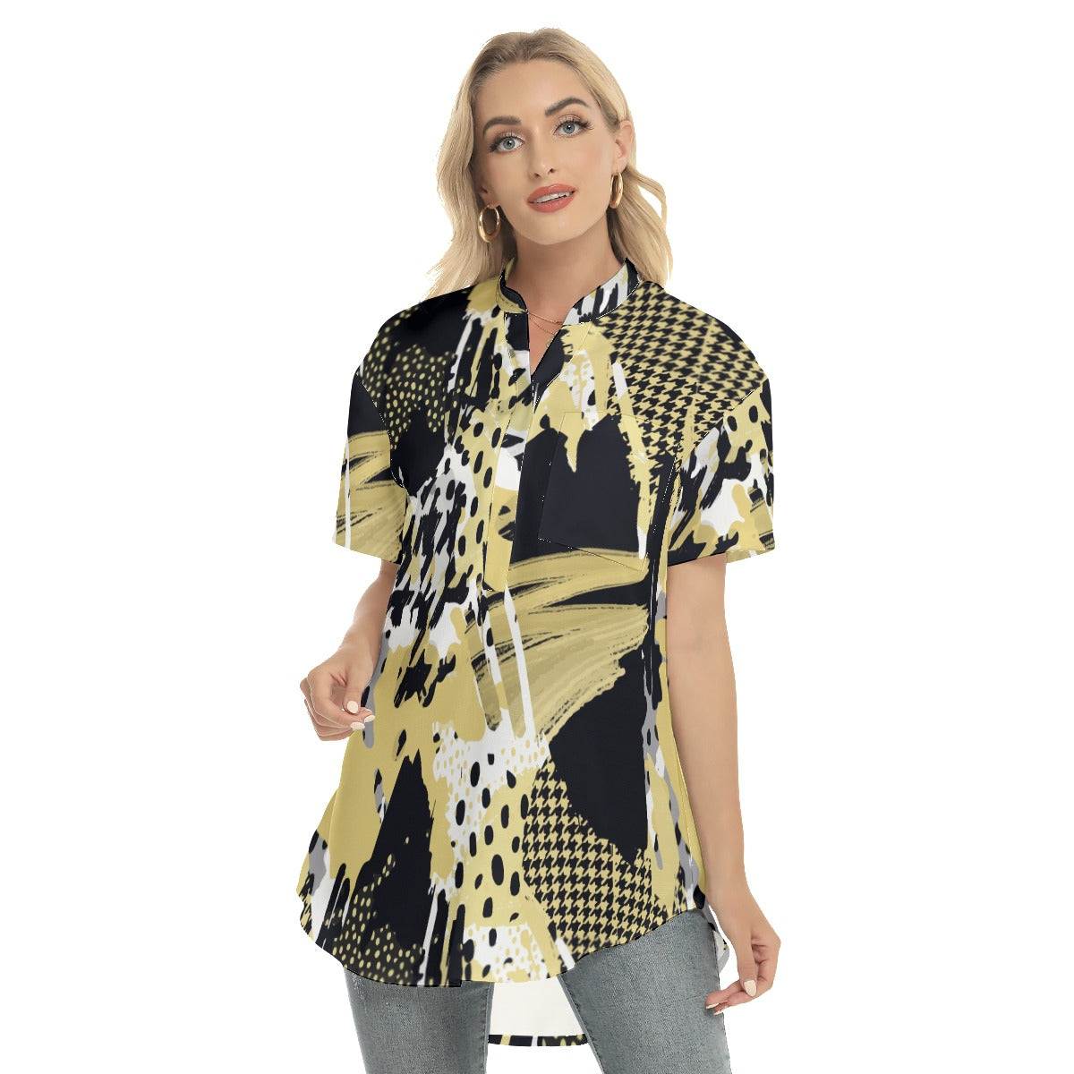 Abstract  Women's Stand-up Collar Shirt With Open Button