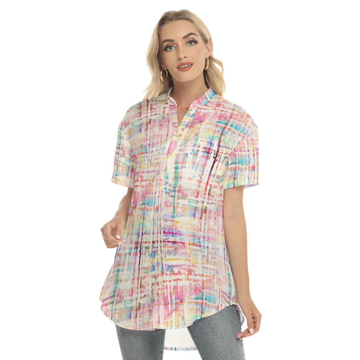 Abstract pastel Women's Stand-up Collar Shirt With Open Button