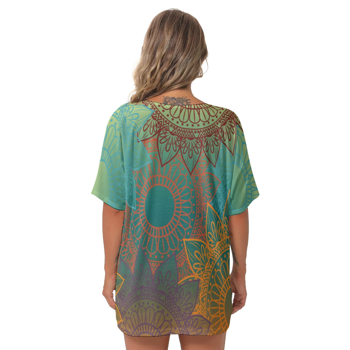 Multi-color Mandala All-Over Print Women's Bat Sleeves V-Neck Blouse