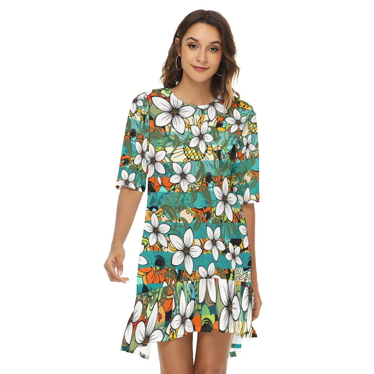 Teal floral Women's Half Sleeve Dress With Ruffle Hem