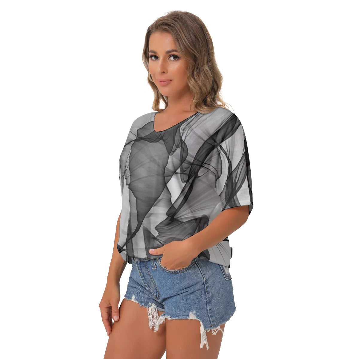 Black and grays abstract All-Over Print Women's Bat Sleeves V-Neck Blouse