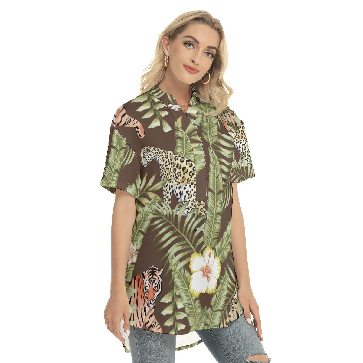 Tropical  Women's Stand-up Collar Shirt With Open Button