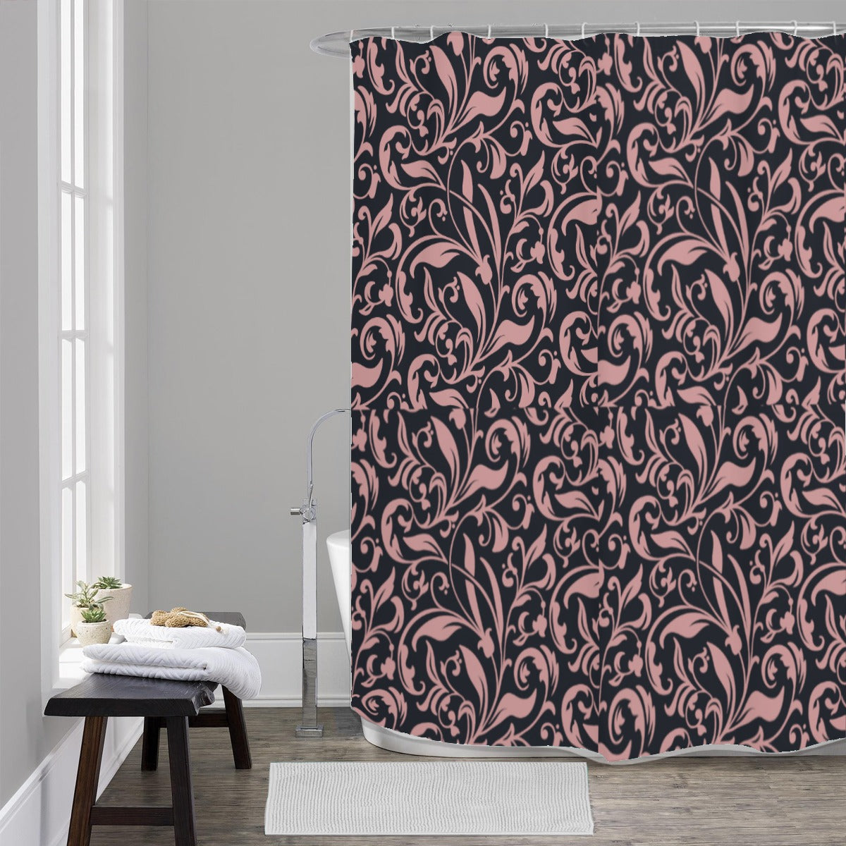 Pink and black floral pattern polyester Shower Curtains 150（gsm）