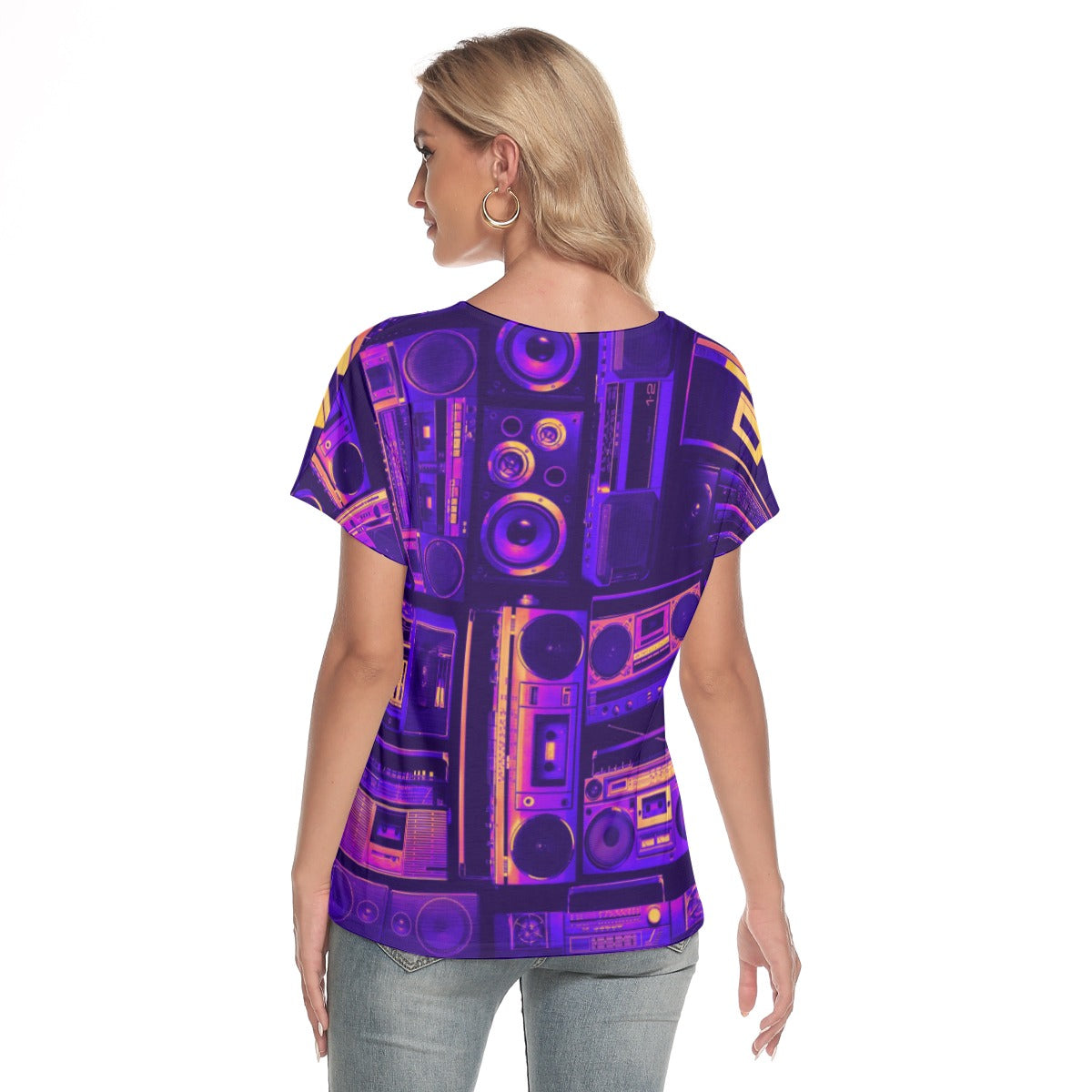 Purple cassette  Women's Deep V-neck Short Sleeve T-shirt