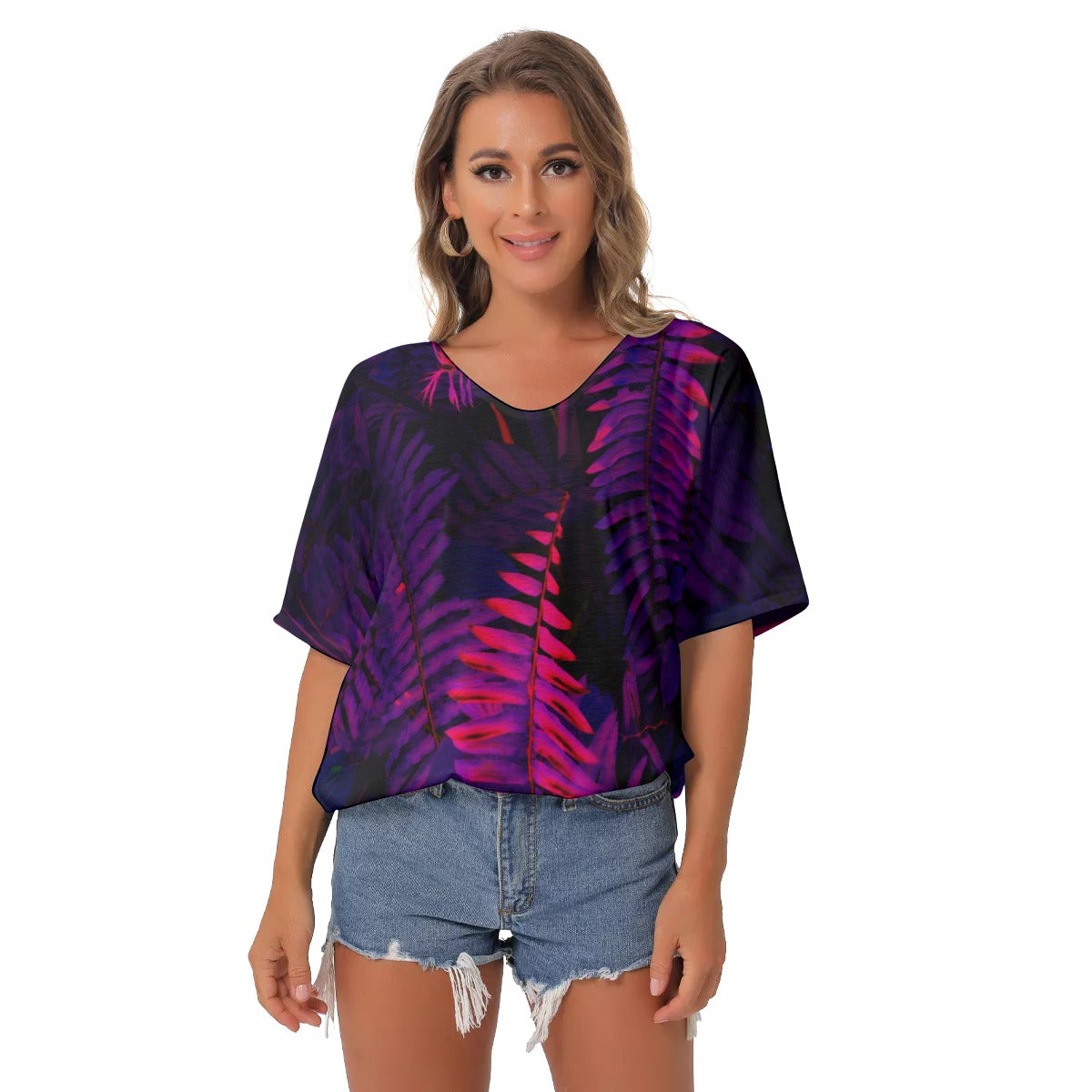 Black and neon All-Over Print Women's Bat Sleeves V-Neck Blouse