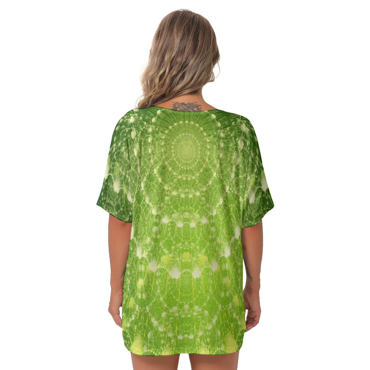 Green mandala butterfly All-Over Print Women's Bat Sleeves V-Neck Blouse