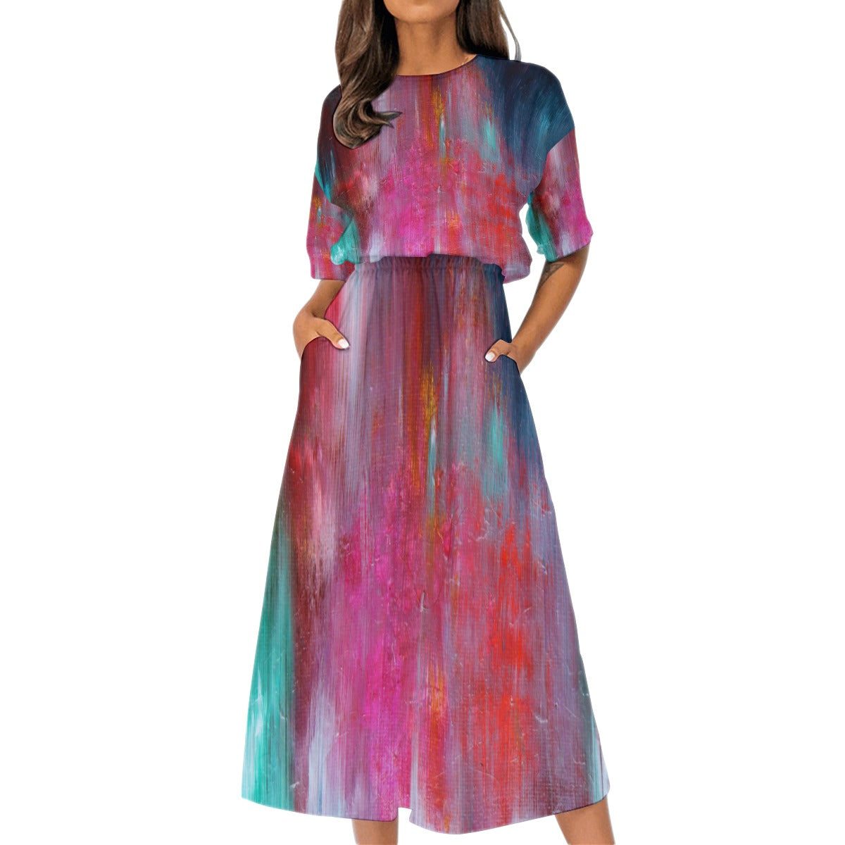 Pink abstract texture All-Over Print Women's Elastic Waist Dress