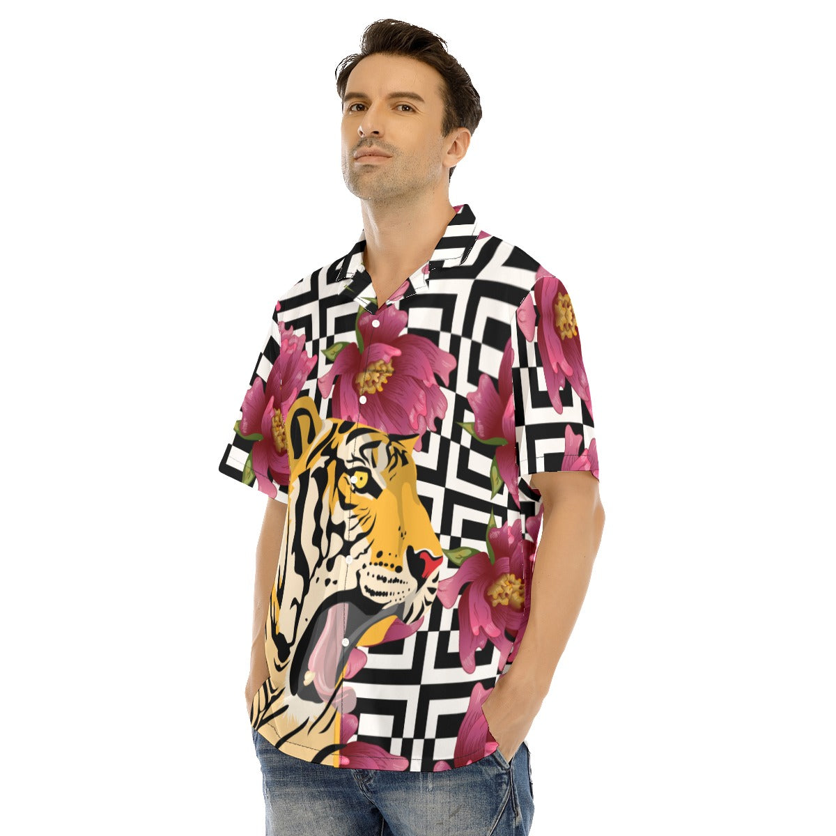 Tiger Glam  Hawaiian Shirt With Button Closure