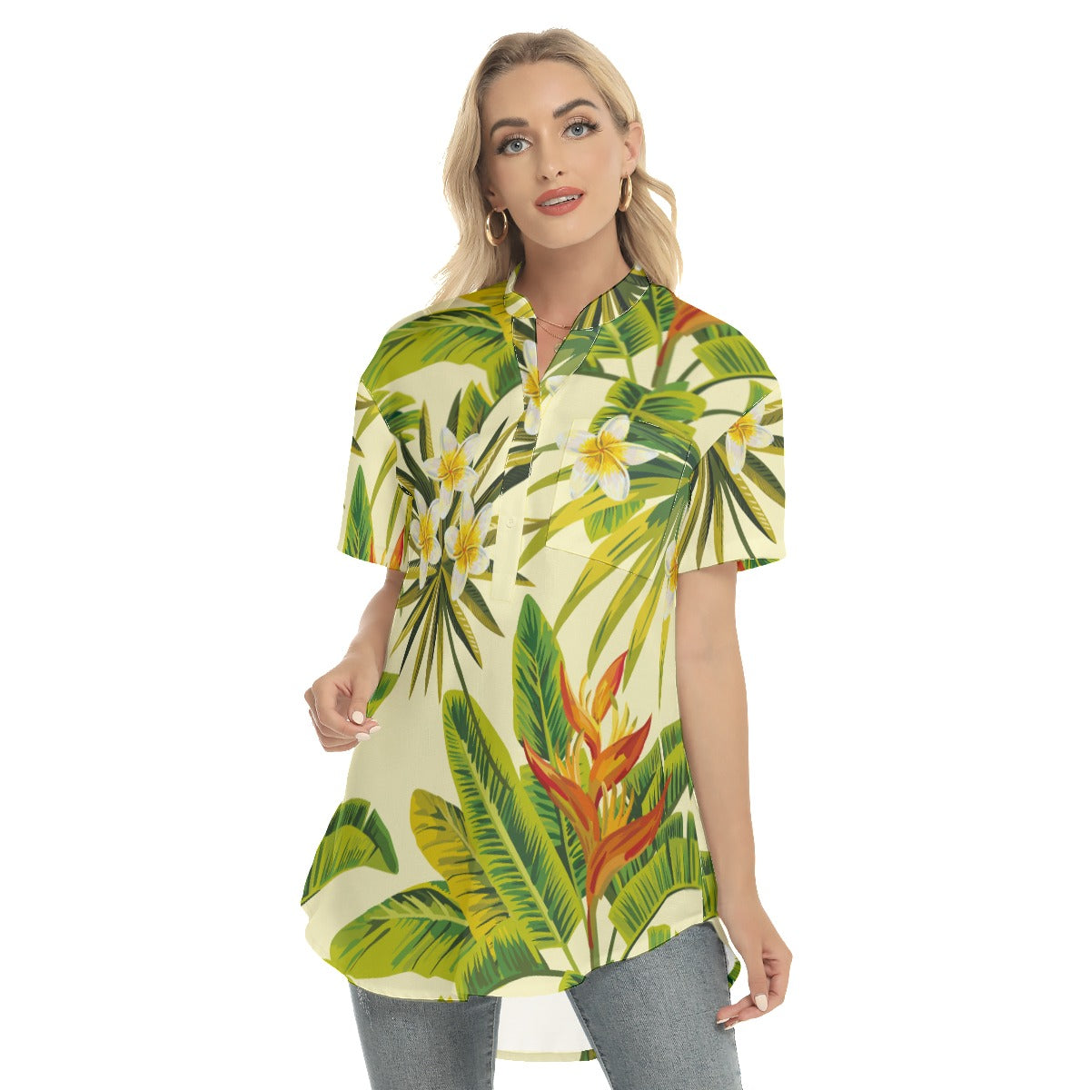 Tropical Women's Stand-up Collar Shirt With Open Button