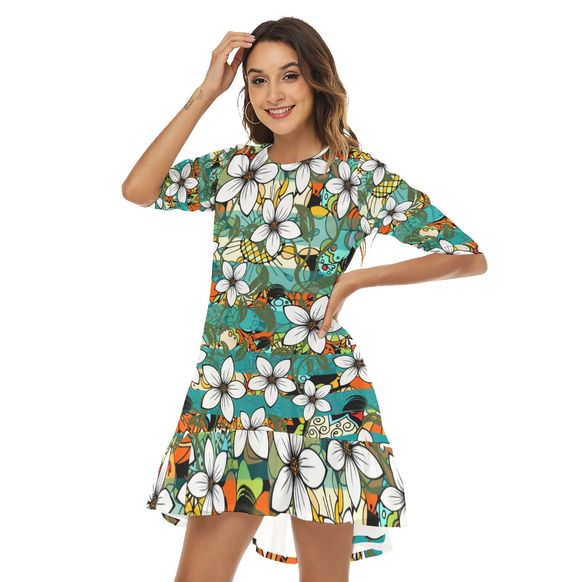 Teal floral Women's Half Sleeve Dress With Ruffle Hem