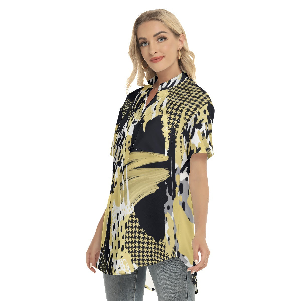 Abstract  Women's Stand-up Collar Shirt With Open Button