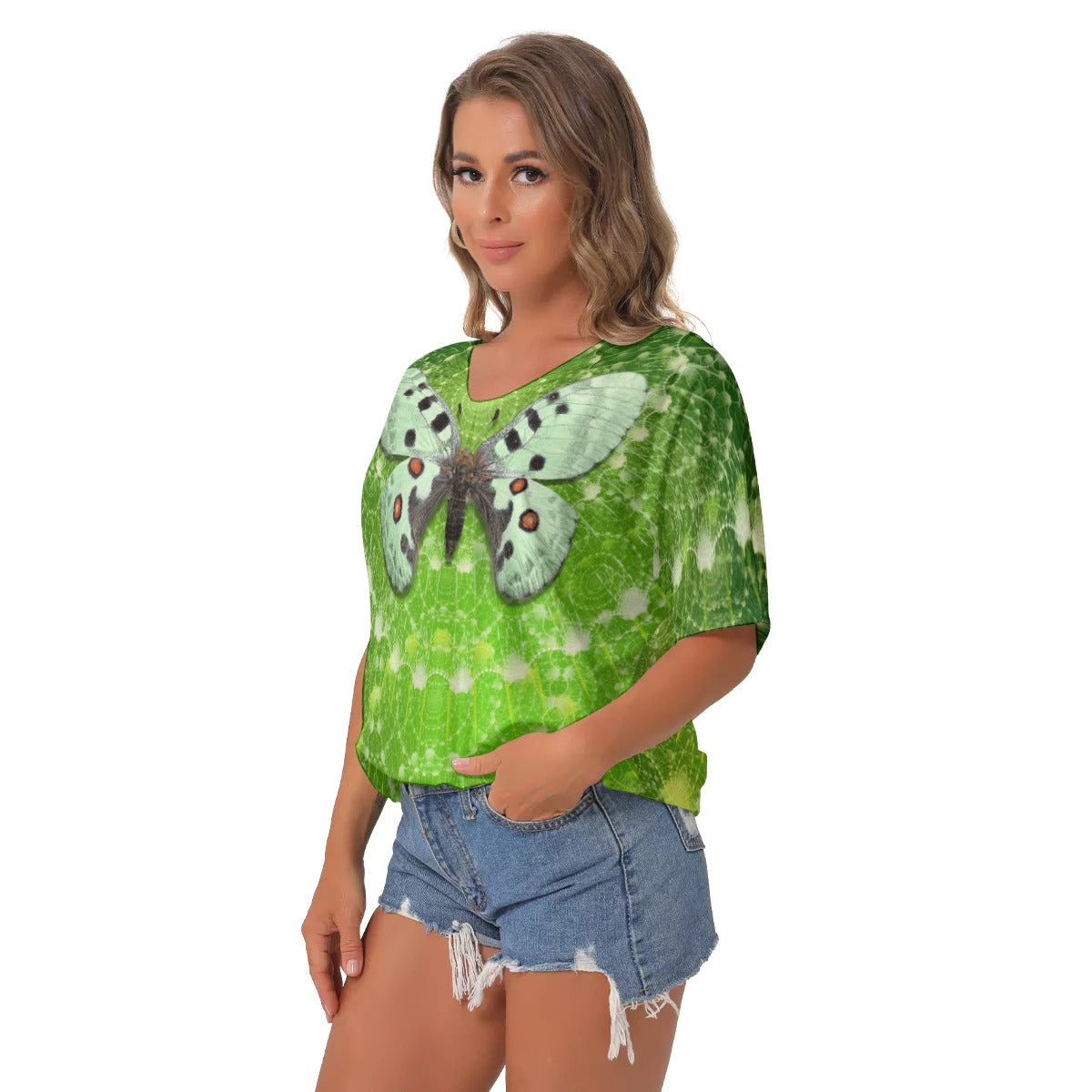 Green mandala butterfly All-Over Print Women's Bat Sleeves V-Neck Blouse