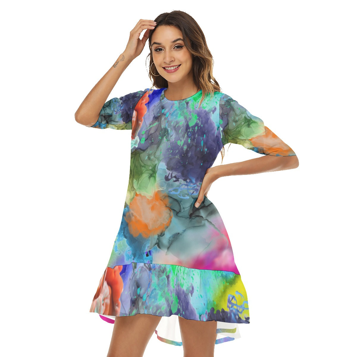 Galaxy watercolor Half Sleeve Dress With Ruffle Hem