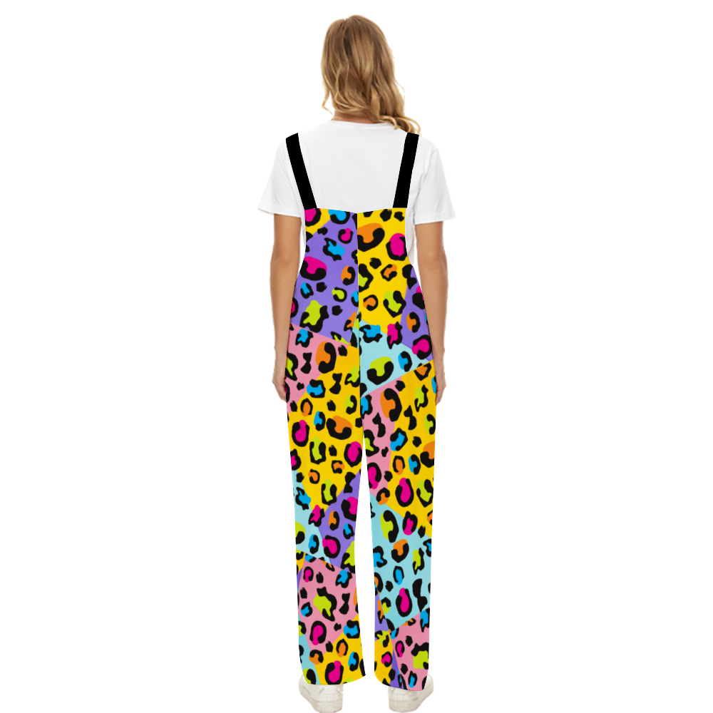 Colorful animal print Women's Casual Denim Jumpsuit Suspender Baggy Loose Overalls