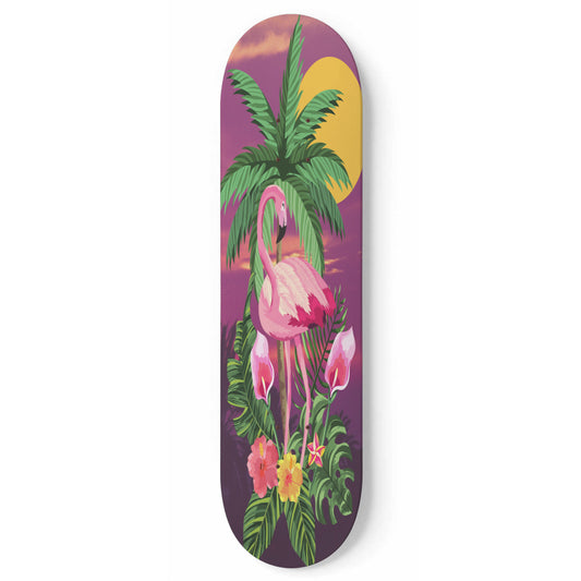 Tropical flamingo sunset skateboard art