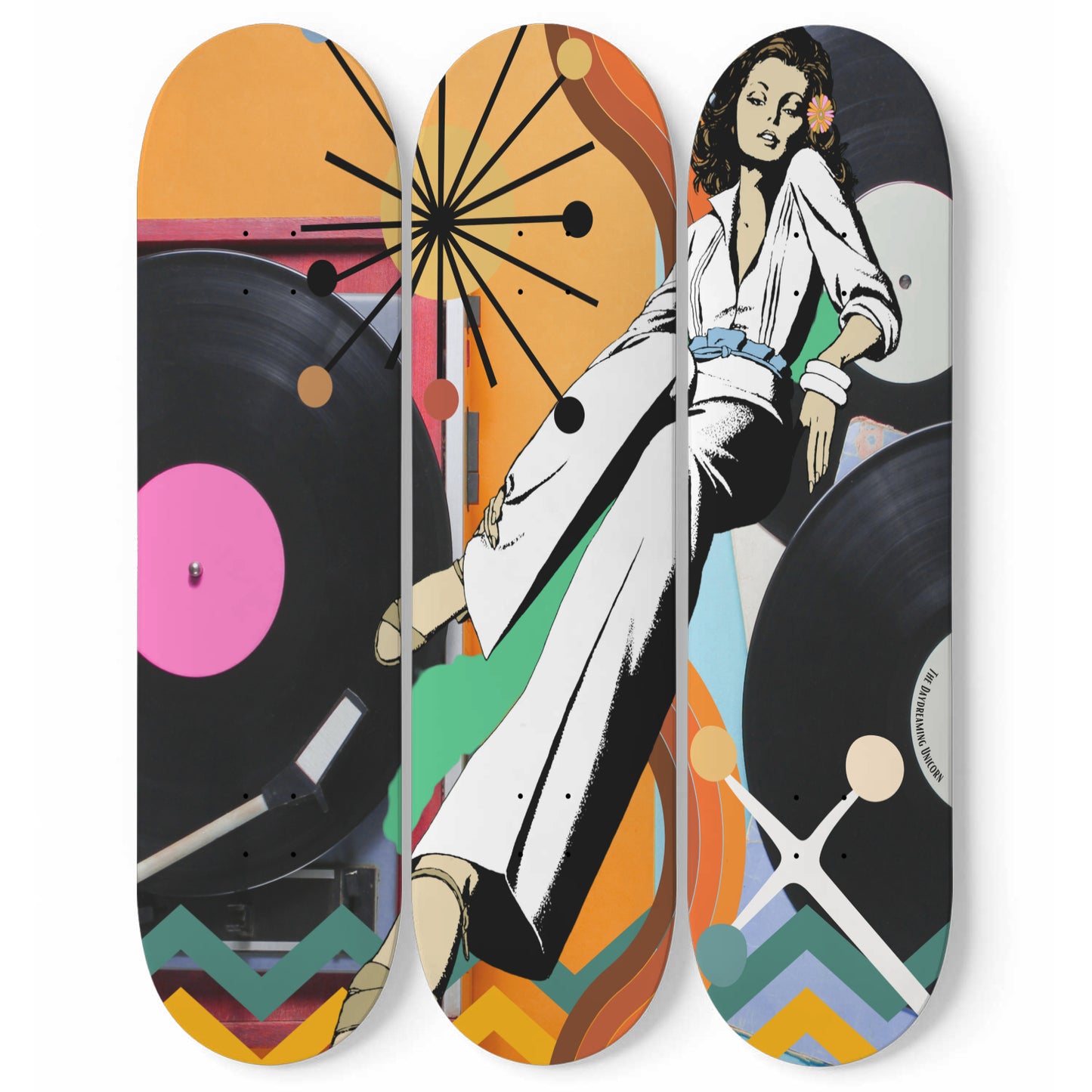 70's retro music vibes 3 piece skateboard art